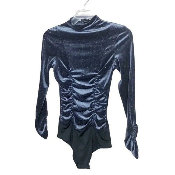 ZARA Navy Blue Ruched Velvet Glitter Mock Neck Long-sleeve Bodysuit - Picture 2 of 9